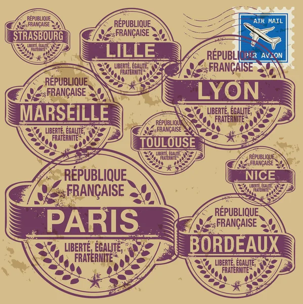 Stamp set with names of France cities — Stock Vector
