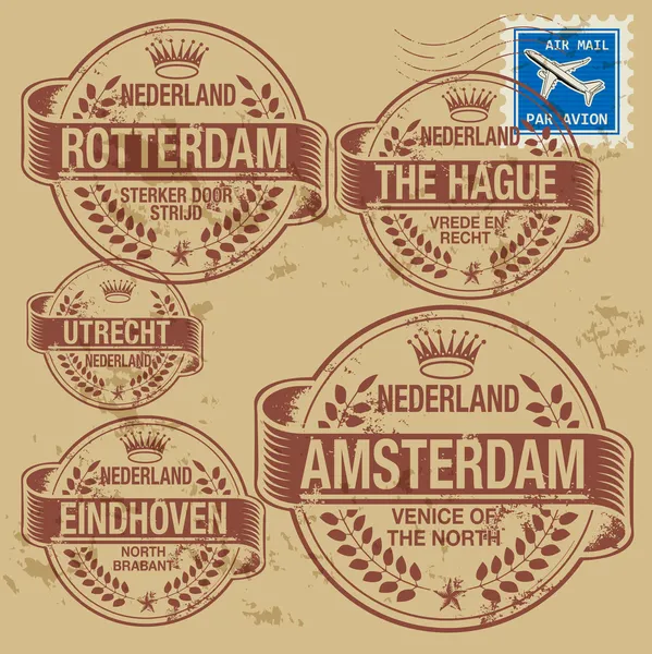 Conjunto de sellos de goma Grunge con nombres de ciudades holandesas — Archivo Imágenes Vectoriales