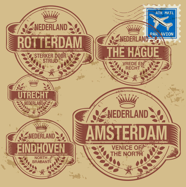 Grunge rubber stamp set with names of Netherlands cities