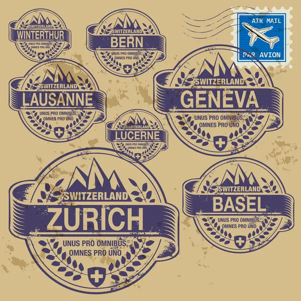 Grunge rubber stamp set with names of Switzerland cities — Stock Vector