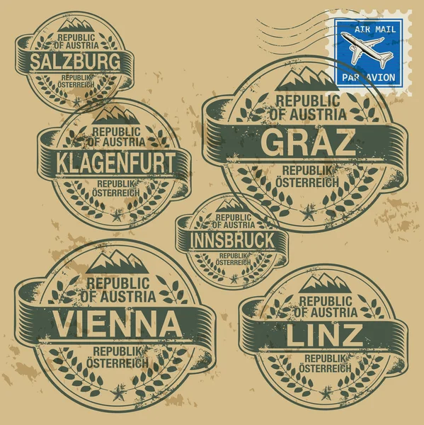 Grunge rubber stamp set with names of Austrian cities — Stock Vector