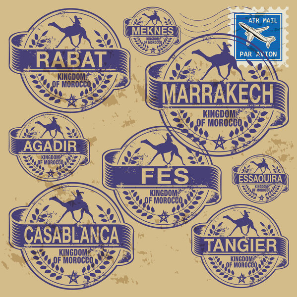 Grunge rubber stamp set with names of Morocco cities