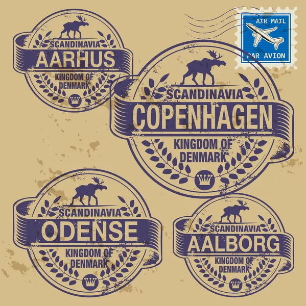 用丹麦的城市名称设置的 grunge 橡皮戳 — 图库矢量图片