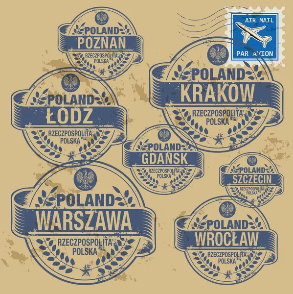 Grunge rubber stamp set with names of Poland cities — Stock Vector