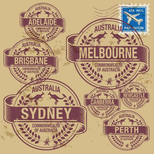 Conjunto de carimbos de borracha Grunge com nomes de cidades da Austrália — Vetor de Stock