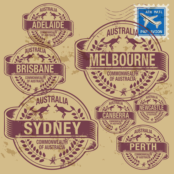 Grunge rubber stamp set with names of Australia cities