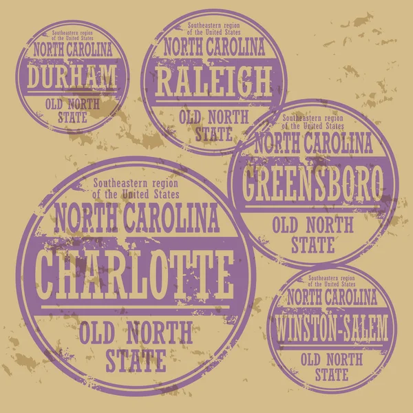 Grunge rubber stamp set with names of North Carolina cities — Stock Vector
