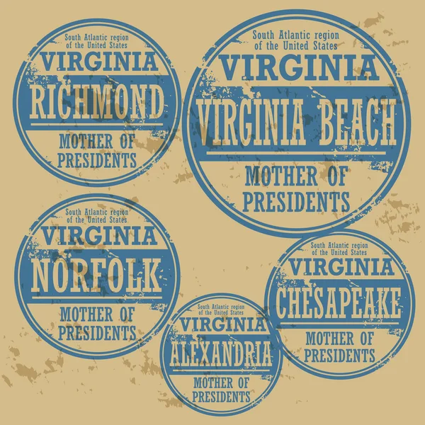 Grunge rubber stamp set with names of Virginia cities — Stock Vector
