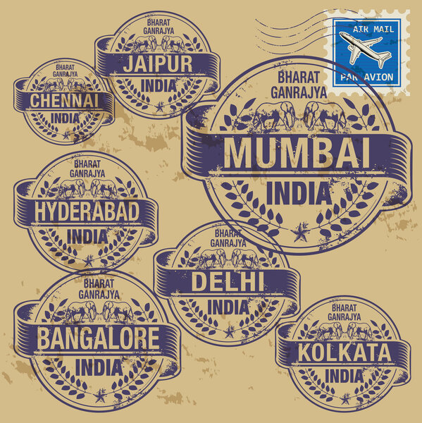 Grunge rubber stamp set with names of India cities