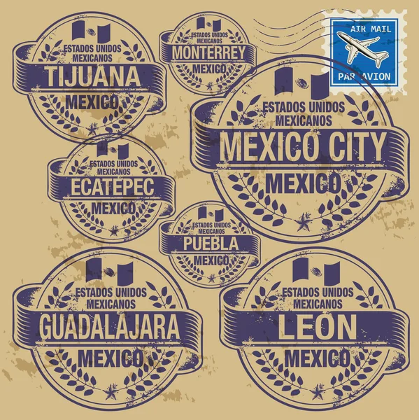 Grunge rubber stamp set with names of Mexico cities — Stock Vector