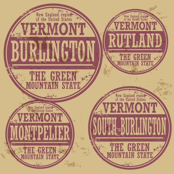 Conjunto de sellos de goma Grunge con nombres de ciudades de Vermont — Archivo Imágenes Vectoriales