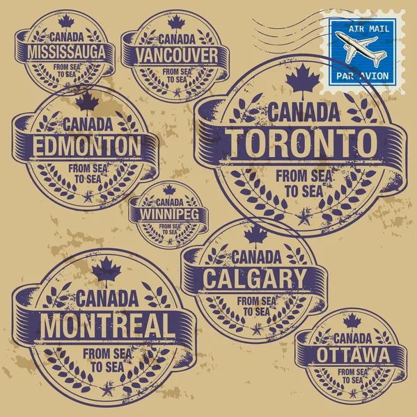 Grunge rubber stamp set with names of Canada cities — Stock Vector