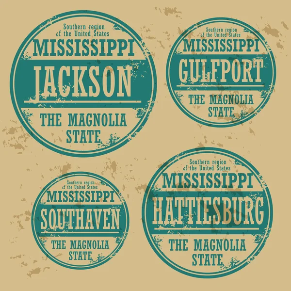 设置与密西西比州城市名字的 grunge 橡皮戳 — 图库矢量图片