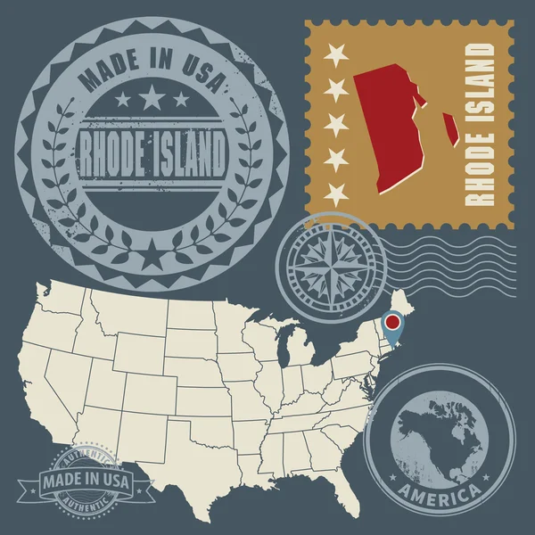 Conjunto de sellos postales con nombre y mapa de Rhode Island, Estados Unidos — Vector de stock