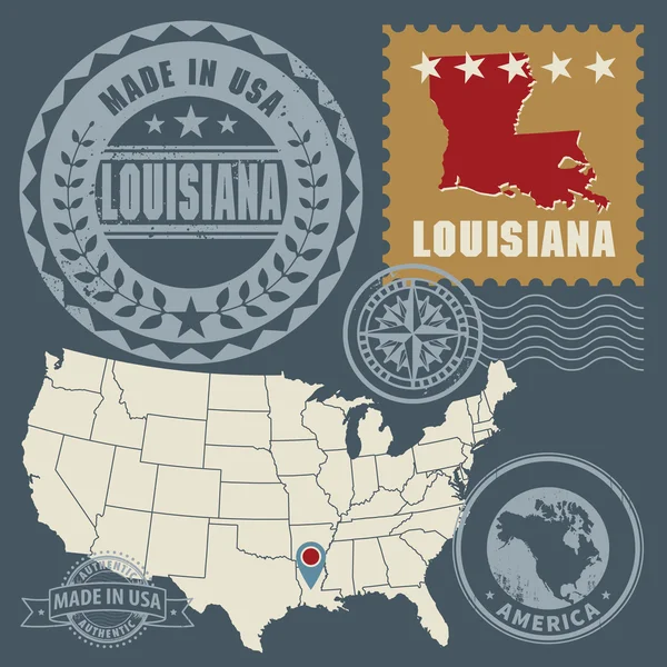 Post stempels set met naam en kaart van louisiana, usa — Stockvector