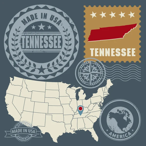 Selos de post com nome e mapa de Tennessee, Estados Unidos da América — Vetor de Stock
