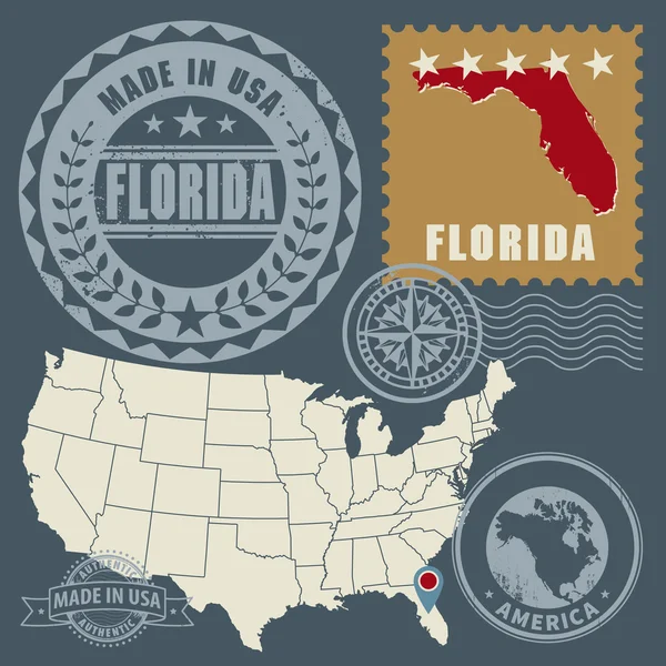 Nastavení poštovních známek s názvem a mapa florida, usa — Stockový vektor