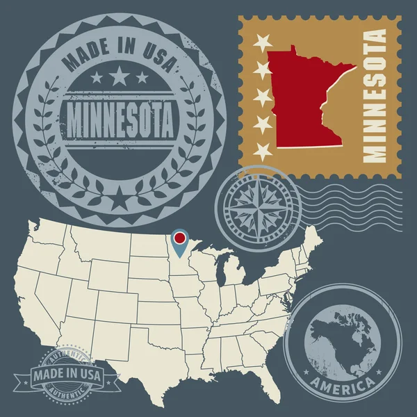 Francobolli astratti con nome e mappa di Minnesota, Stati Uniti d'America — Vettoriale Stock