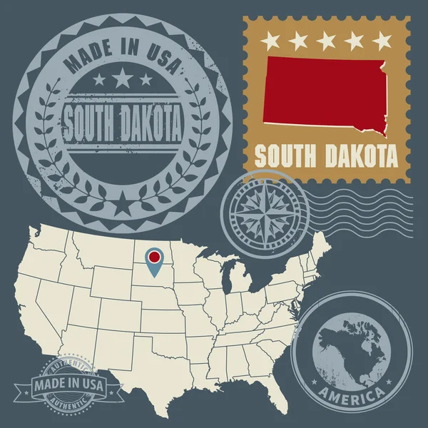 Timbres-poste abstraits avec le nom et la carte de Dakota du Sud, USA — Image vectorielle