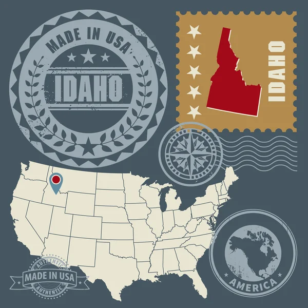 Timbres-poste abstraits avec le nom et la carte de Idaho, États-Unis — Image vectorielle