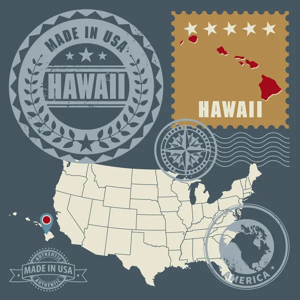 Selos post abstratos com nome e mapa de Hawaii, Estados Unidos — Vetor de Stock