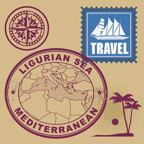 Set de sellos con texto Mediterráneo, Mar de Liguria — Vector de stock