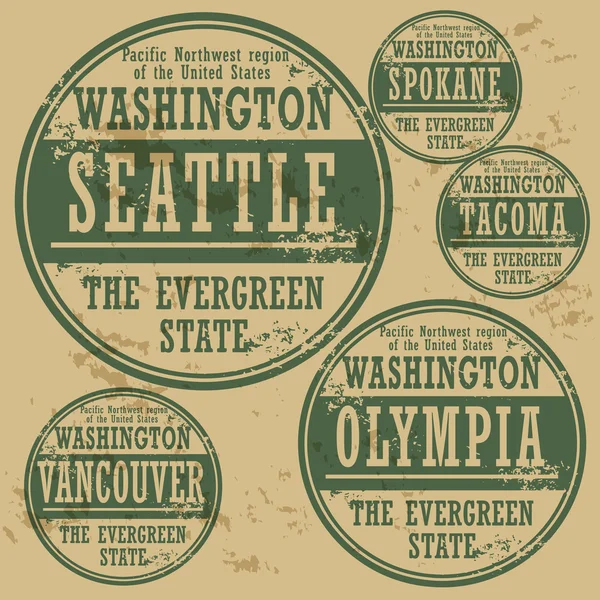 Grunge rubber stamp set with names of Washington cities — Stock Vector