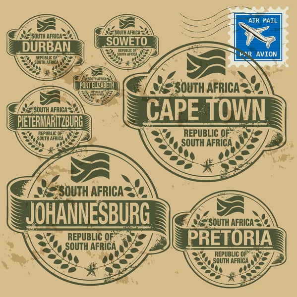Grunge Rubberstempel instellen met namen van steden van Zuid-Afrika — Stockvector