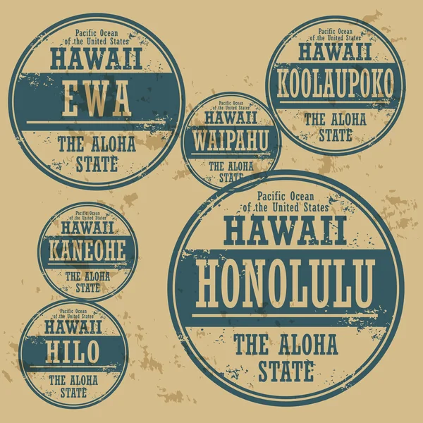 Grunge rubber stamp set with names of Hawaii cities — Stock Vector