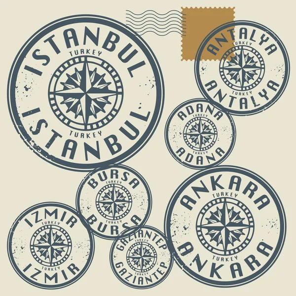 Conjunto de sellos de goma Grunge con nombres de ciudades de Turquía — Archivo Imágenes Vectoriales