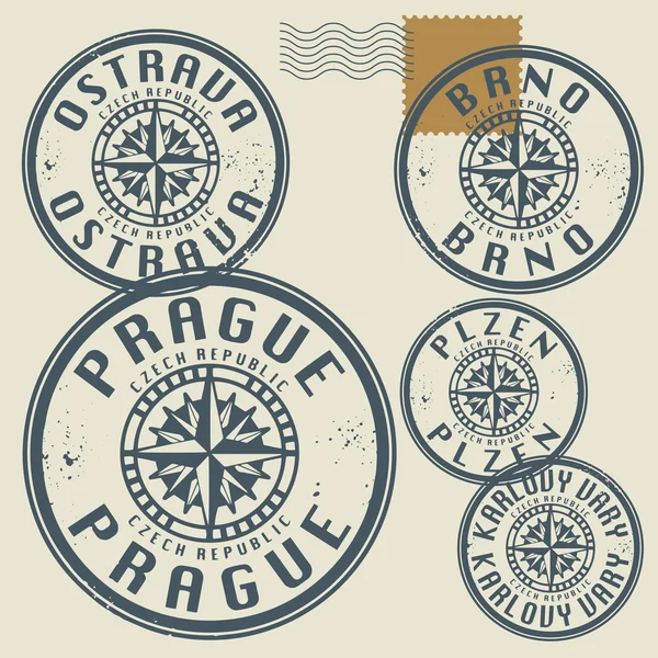 Coffret timbre caoutchouc Grunge avec les noms des villes de République tchèque — Image vectorielle