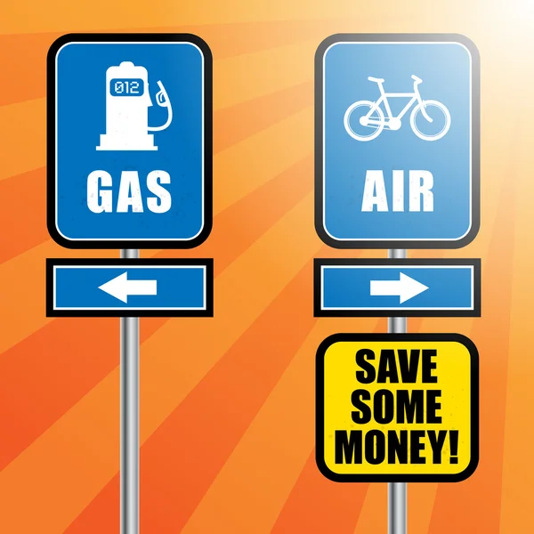 Verkehrszeichen mit Fahrrad, Tankstellensymbol und Text Gas und Luft — Stockvektor