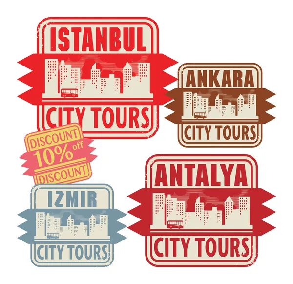 Conjunto de sellos de goma Grunge con nombres de ciudades de Turquía — Vector de stock