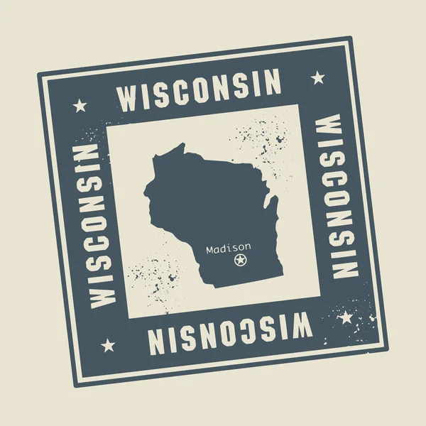 Briefmarke mit Namen und Landkarte von Wisconsin — Stockvektor