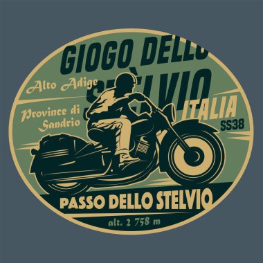 Stelvio Geçidi, İtalya, vektör illüstrasyonlu soyut pul veya amblem