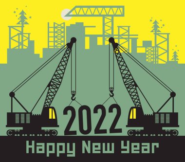 Turnalar, inşaat güç makineleri, mutlu yıllar 2022 kartları, vektör illüstrasyonu.