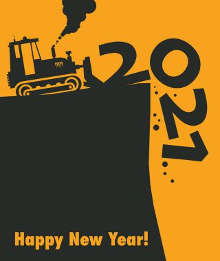 İnşaat alanında çalışan çekici buldozer, 2021 yılının kutlu olsun kartı, vektör illüstrasyonu.