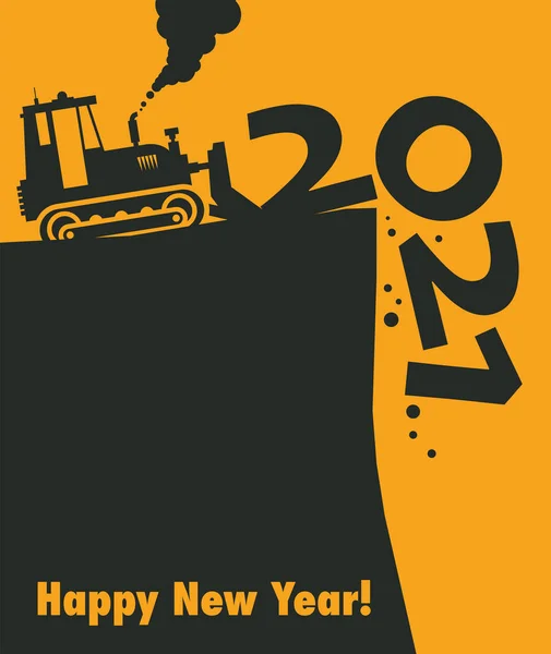 Bulldozer Tracteur Travail Sur Chantier Bonne Année 2021 Carte Illustration — Image vectorielle