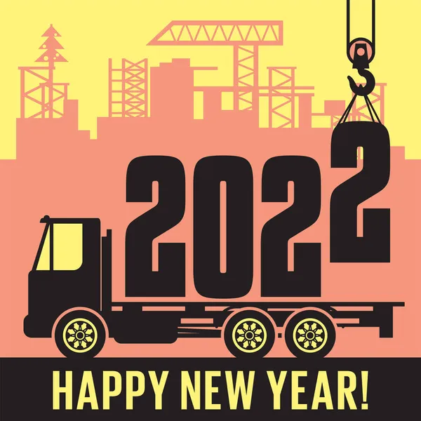 起重机将2022年新年装上卡车 文字欢愉新年 矢量图解 — 图库矢量图片