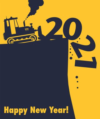 İnşaat alanında çalışan çekici buldozer, 2021 yılının kutlu olsun kartı, vektör illüstrasyonu.