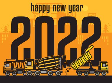 Endüstriyel inşaat makineleri, mutlu yıllar 2022 kartları, vektör illüstrasyonu.