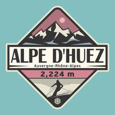 Soyut damgası veya amblem Alpe Dhuez, Fransa, vektör çizim adı ile
