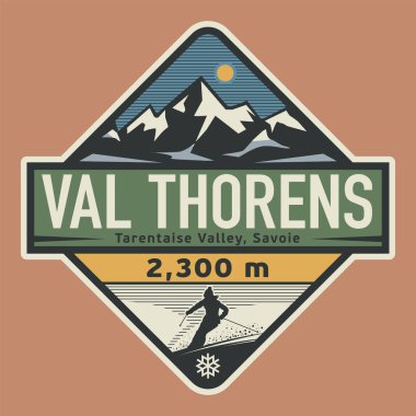 Soyut damgası veya amblem Val Thorens, Fransa, vektör çizim adı ile