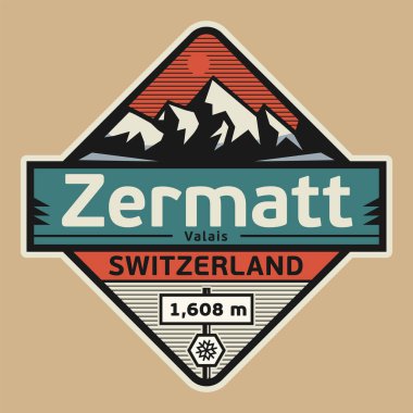 İsviçre, Zermatt isimli soyut pul veya amblem, vektör illüstrasyonu