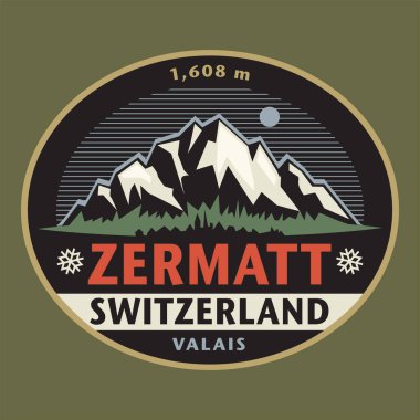 İsviçre, Zermatt isimli soyut pul veya amblem, vektör illüstrasyonu