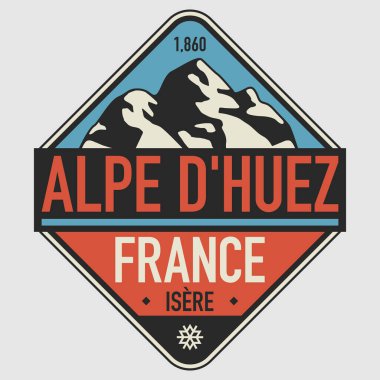Alpe d 'Huez, Fransa, vektör illüstrasyonlu soyut damga ya da amblem