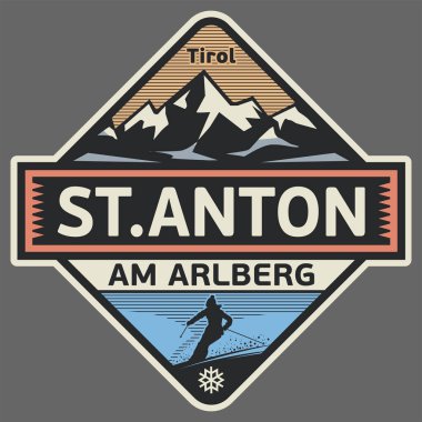 Sankt Anton am Arlberg, Tyrol, vektör illüstrasyonlu soyut damga veya amblem