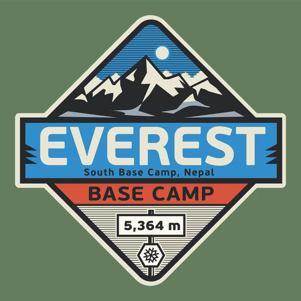 Timbro Astratto Emblema Con Nome Del Monte Everest Campo Base — Vettoriale Stock