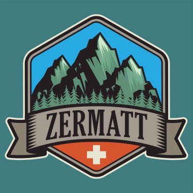 İsviçre, Zermatt isimli soyut pul veya amblem, vektör illüstrasyonu