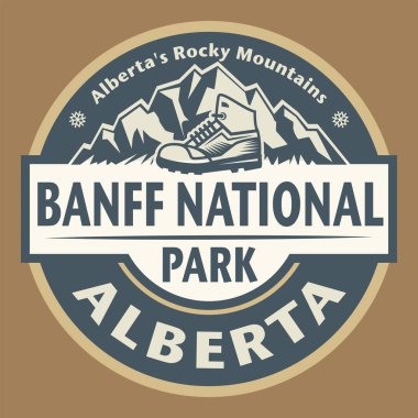Banff Ulusal Parkı, Alberta, Kanada, vektör illüstrasyonu soyut pulu veya amblemi